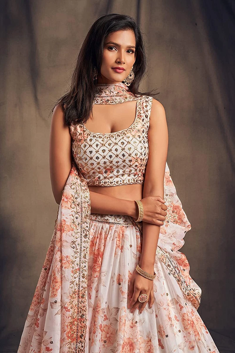 Women s Organza Floral White Semi Stitched Lehenga Choli