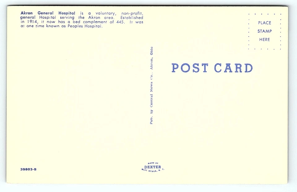 AKRON OHIO HOSPITAL GENERAL PEOPLE HOSPITAL T-BIRD VW BUG POSTAL AÑOS 50 P3813 Foto 2 de 2