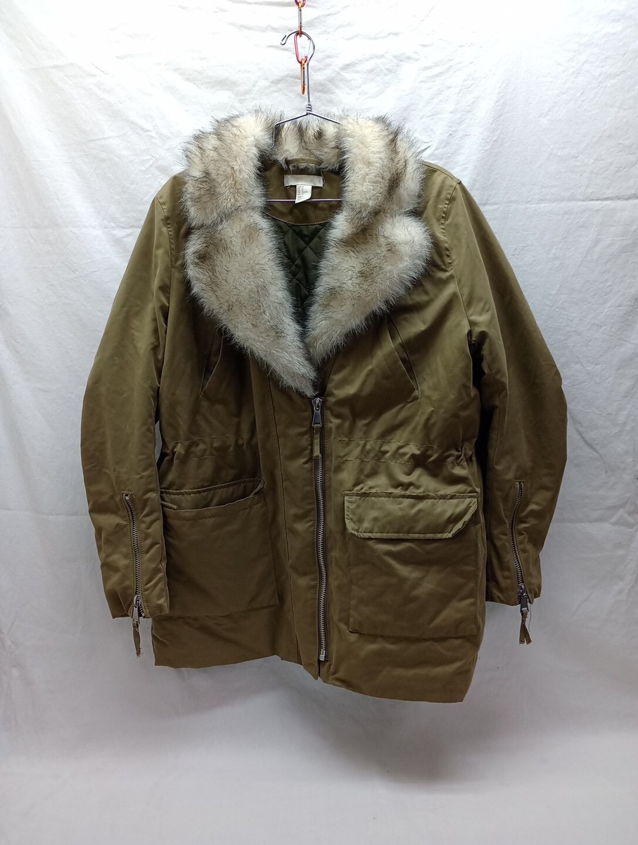 LOGG H&M Womens Coat Jacket Sherpa Lined Wax Look Tan Color Parka Hood Fur
