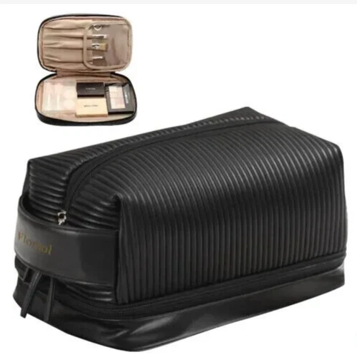 Cosmetic Travel bag Double Layer Makeup bag with brush organizer NEW BLACK