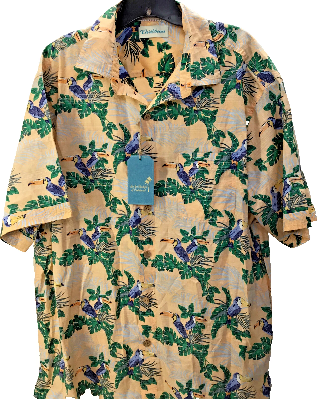 $69 ROUNDTREE &YORKE CARIBBEAN Men's Floral Shirt Cotton Apricot , size XL