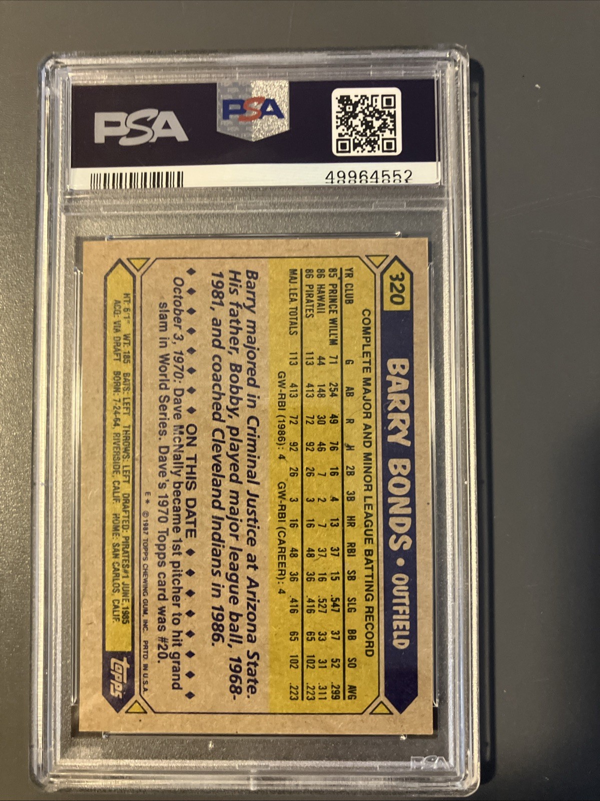 PSA 8 1987 TOPPS 320 BARRY BONDS view 2