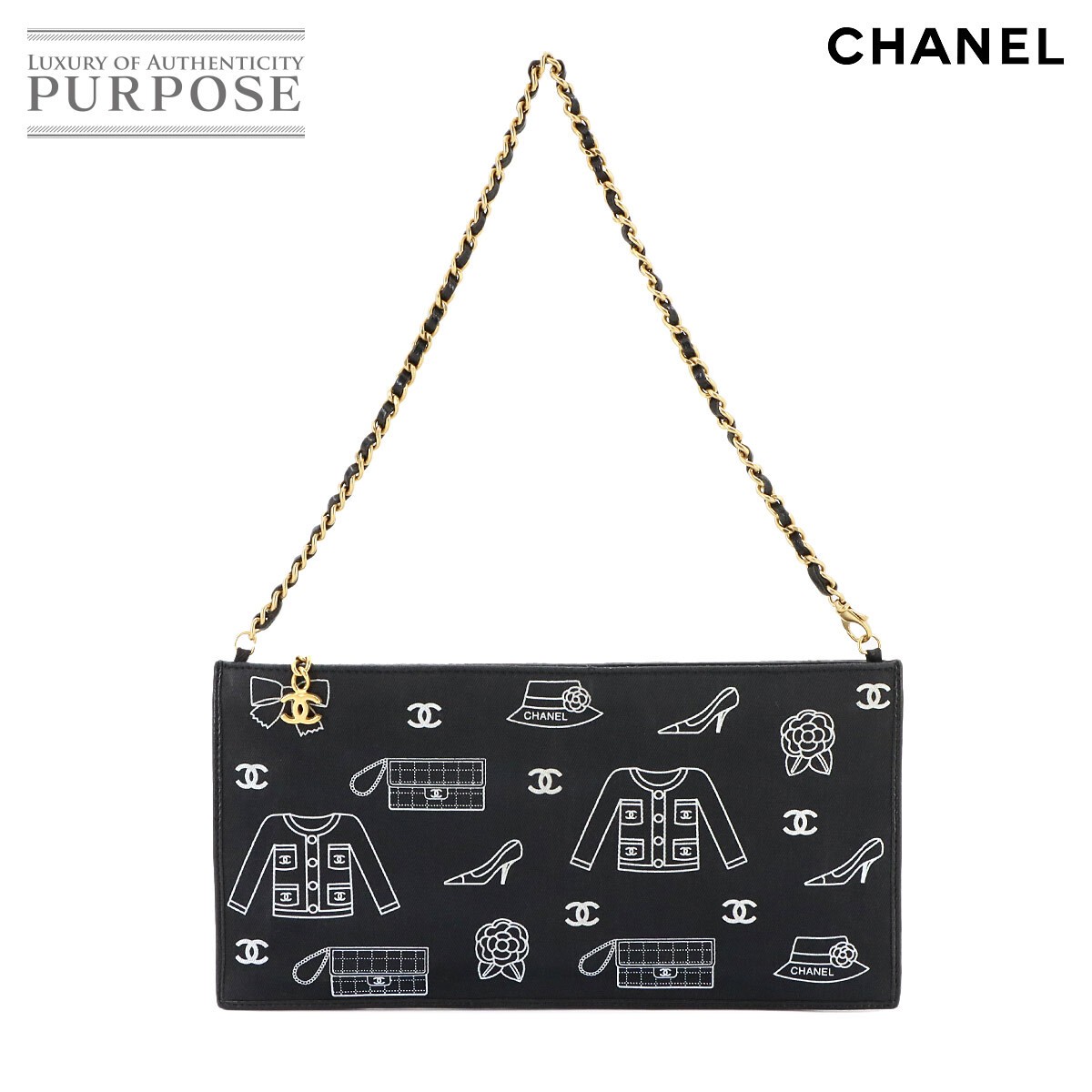 CHANEL Black Chain Shoulder Bag with Icon Print Canvas and Leather