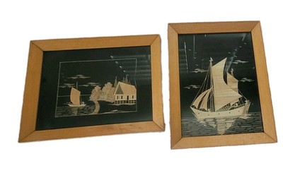 1960s Straw Art Pictures Fabric Bamboo, Borneo White Wood Frame/Asia Landscape 
