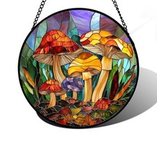 Stained Glass Window Hanging, Jungle Mushrooms Sun Catchers 9.8x9.8 IN Colorful