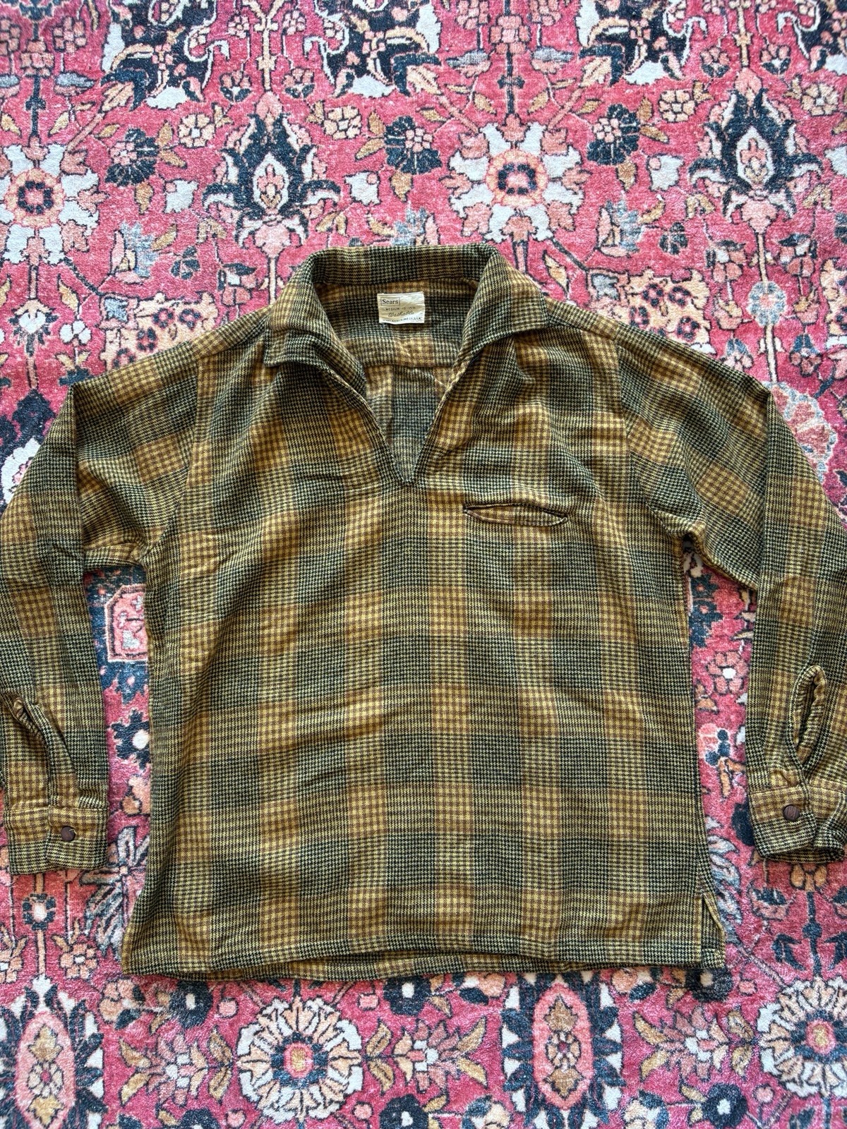 VTG 50s 60s Sears Houndstooth Shirt Jac Shirt Sz Medium Brown Wool Rockabilly