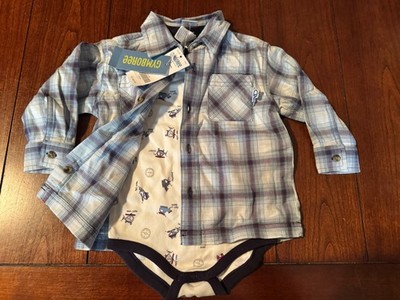 Gymboree Vintage NWT Boys 12-18 M Flannel Shirt Set Blue Helicopter Plaid Retro