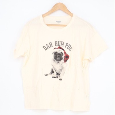Old Navy T-Shirt Womens Large Beige Bah Hum Pug Graphic Short Sleeve Crew Neck