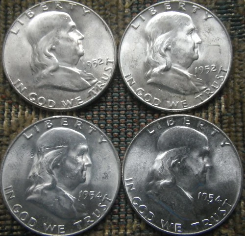 Four Silver BU Franklin Half Dollars 1952, 1952-D, 1954, 1954-D