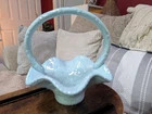 Vintage Iridescent Blue Ceramic Basket With Handle Ruffled Edges 1960s Decor