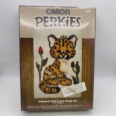 Vintage Caron Perkies Latch Hook Kit #K3198 Leopard Cup NOS Sealed 1980 20''x27''