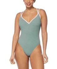 NWT Reebok Women's Twin Strap Piping One Piece Swimsuit Green Size M 100 9B759