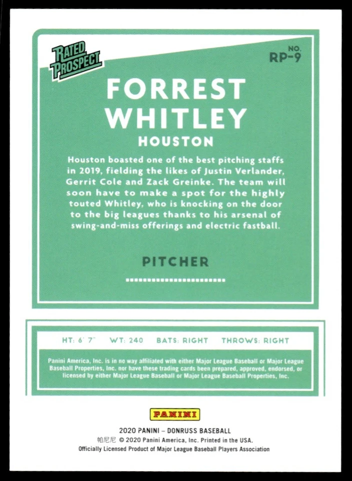 2020 Donruss Rated Prospects Forrest Whitley R39 Houston Astros #RP-9 - Image 2 of 2