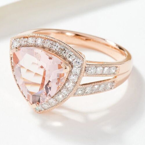 3CT Trillón Corte Morganita&Moissanita Compromiso Anillo En 14K Oro Rosa Bañado - Imagen 1 de 5
