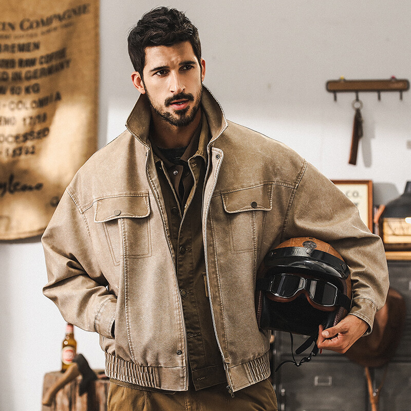 Retro American Style Mens Short Motorcycle Jacket PU Leather