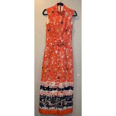 Vintage Burt Stanley Long Sheath Dress Orange Floral Geometric 60s Or 70s 