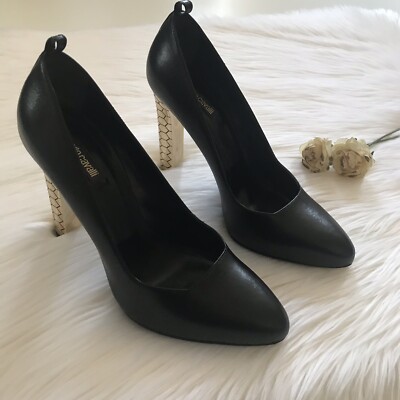 Roberto Cavalli Heels Black Gold Honeycomb Block Heel Womens 37.5 New Pointy Toe