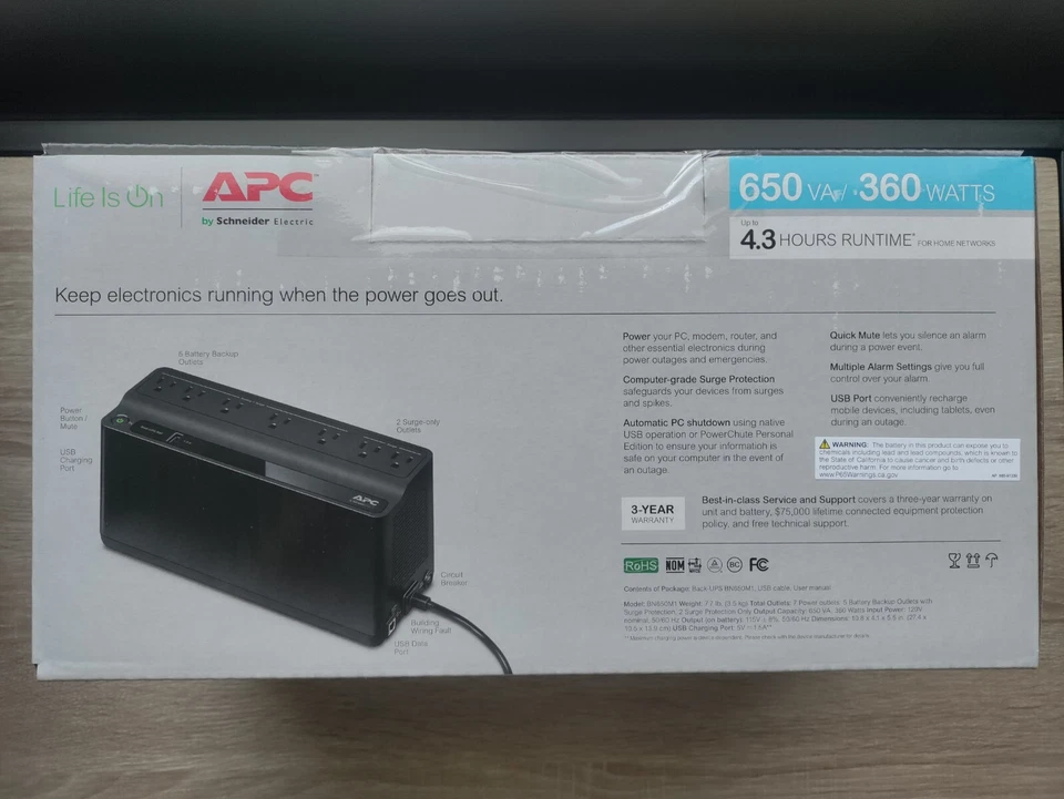 APC Battery Back-UPS, BN650M1 650VA / 360 Watts Up to 4.3 Hours Runtime - Image 4 of 4