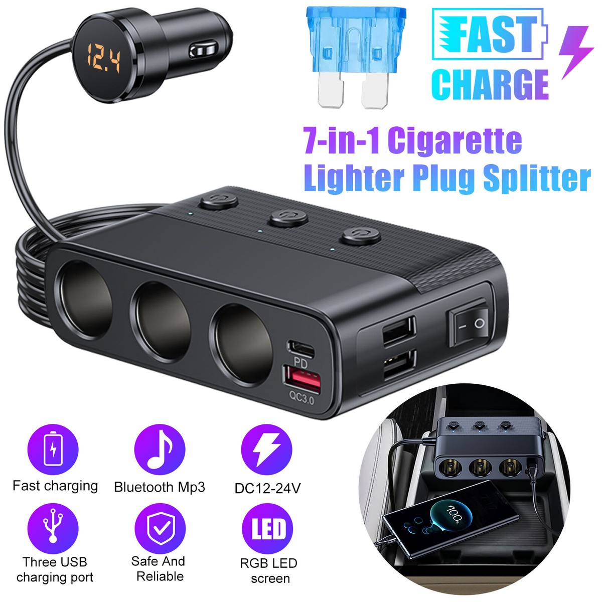 Car Cigarette Lighter Socket Splitter Power Adapter 3 USB + PD USB-C  Charger 12V