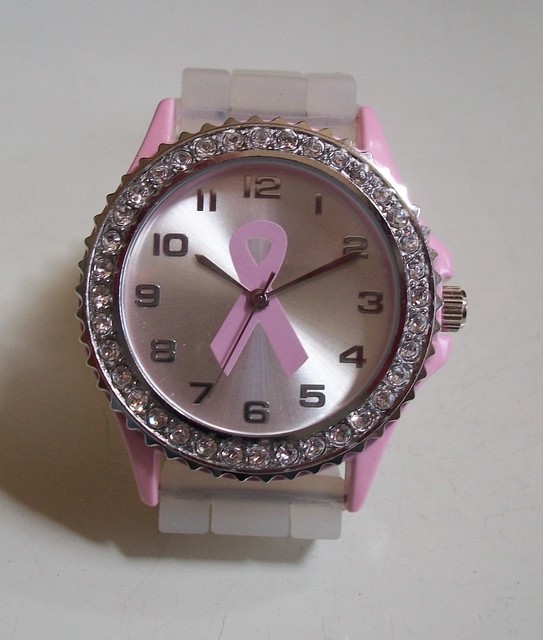 Women's Pink Ribbon Breast Cancer Awareness Silicone Rhinestone Fashion