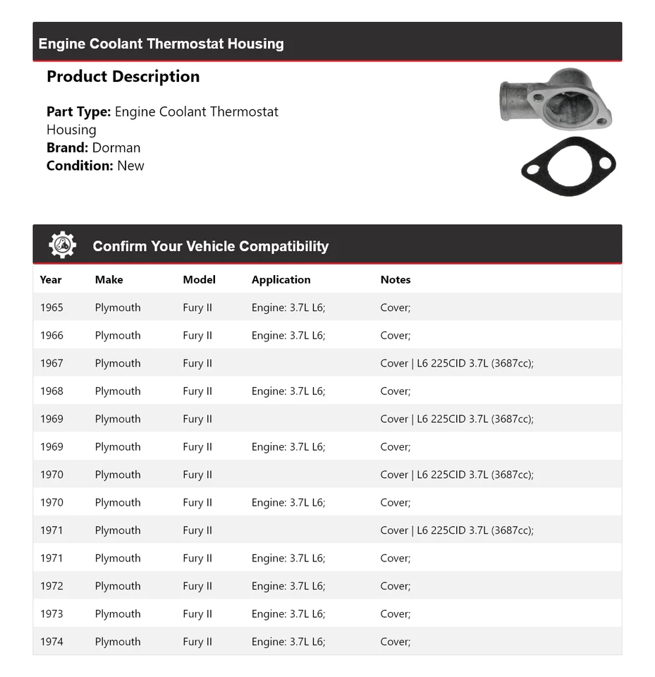 Carcasa termostato refrigerante motor Dorman Plymouth Fury II 1965-1974 1966 Foto 2 de 4