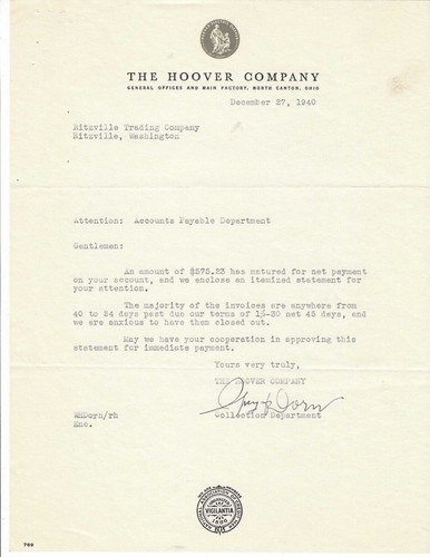 1940 Letter, The Hoover Company, Main Factory, North Canton, Ohio