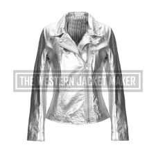 Silver Leather Biker Jacket For Women, Womens Motorcycle Jackets, Get 20% Off