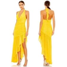 Mac DUGGAL ASYMMETRICAL RUFFLE HEM HALTER STRAP DRESS YELLOW SZ 4 NEW 55847