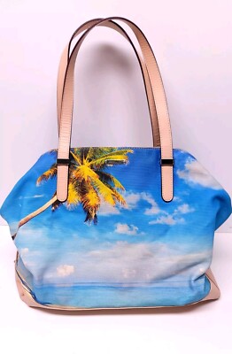 Rebecca Minkoff Beach Palm Tree Ocean Canvas & Leather Tote Shoulder Bag