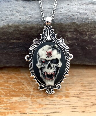 Vampire Skull, Spider & Bullet Hole Cameo Necklace Goth Bloody Halloween Pendant