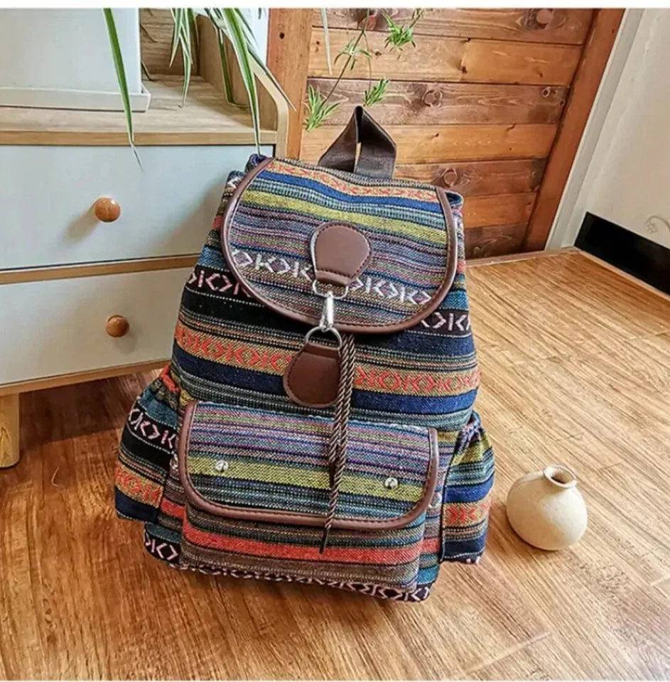 Large Multicolour Striped Patterened Boho Festival Womens Mens Backpack Rucksack - Image 3 of 4