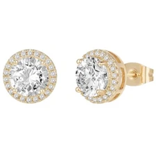 Natural White Topaz Halo Stud Earrings 925 Stamped Gold Plated Sterling Silver 