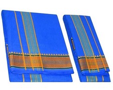 Men's Dhoti with Angavasthram Zari Border 4mtr Dhoti 2.25mtr Towel Blue