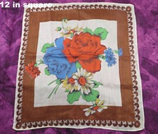 Vinage hanky, hankie handkerchief colorful roses daisies border rolled edges