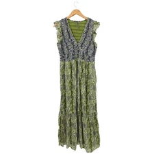 Anthropologie The Peregrine Midi Dress Women's L Green Floral Sleeveless Smocked