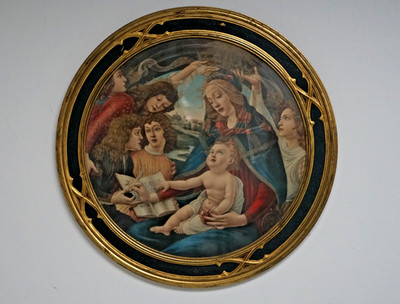 Vintage ''La vergine col Bambino'' Round Framed Gilt Print Florentine Italy 19 