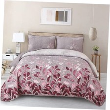 Quilt Set Queen Size,3 Piece Floral Leaves Bedspread Queen 96" 90" Pink