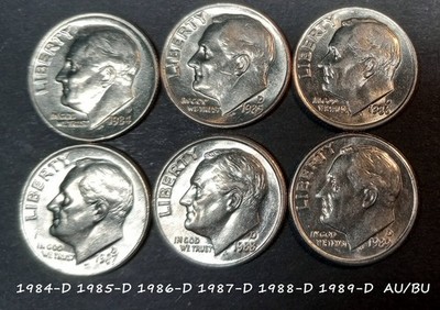 1984-D 1985-D 1986-D 1987-D 1988- 1989-D Roosevelt Dime AU/BU 6 COINS LO SHIP