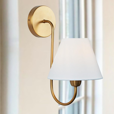 Elegant Vintage White Linen Wall Sconce with Antique Brass Gooseneck Design