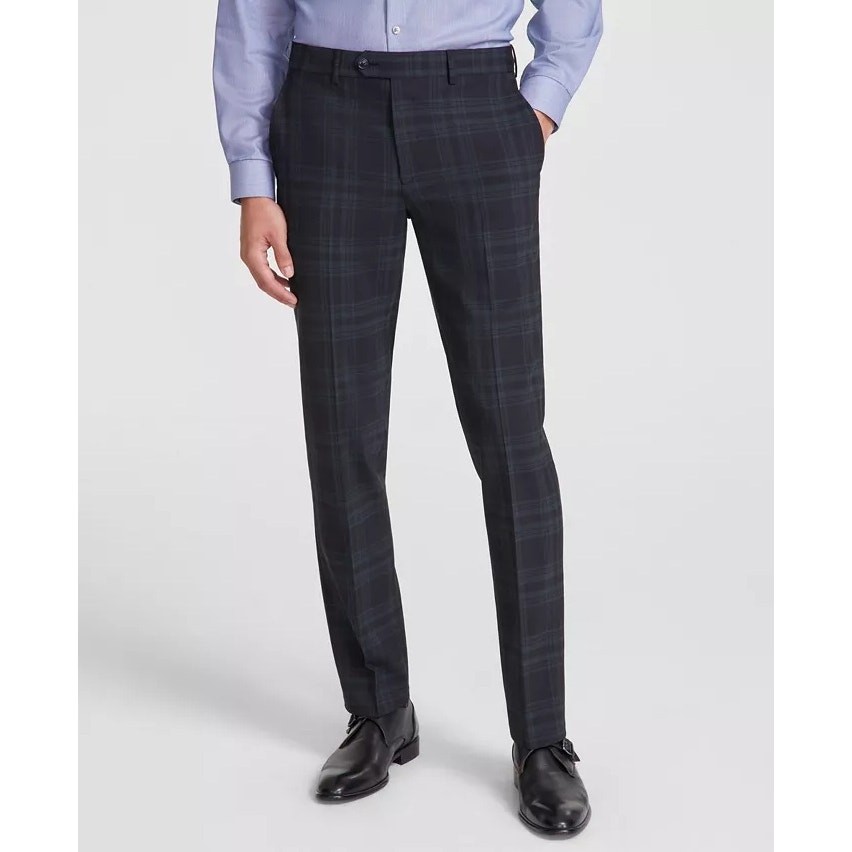 Bar III Men's Black/Green Plaid Wool Blend Slim-Fit Dress Pants Size 30W 30L