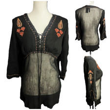 Y2k Black Sheer Babydoll Tunic Blouse L Beads Lace-up Whimsigoth Fairygoth Boho