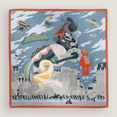 Hermès アートプリント シルクスカーフ Hermès Silk Satin Square Scarf Robot Print Multicolor Artistic