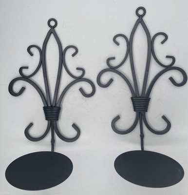 Set of 2 Vintage Fleur-De-Lis Wrought Iron Wall Sconces - 11'' Black Hinged