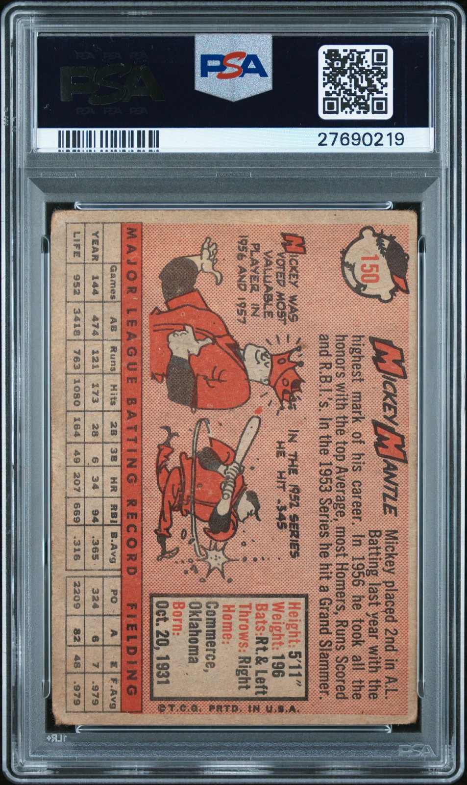 1958 Topps Mickey Mantle #150 PSA 3 view 2