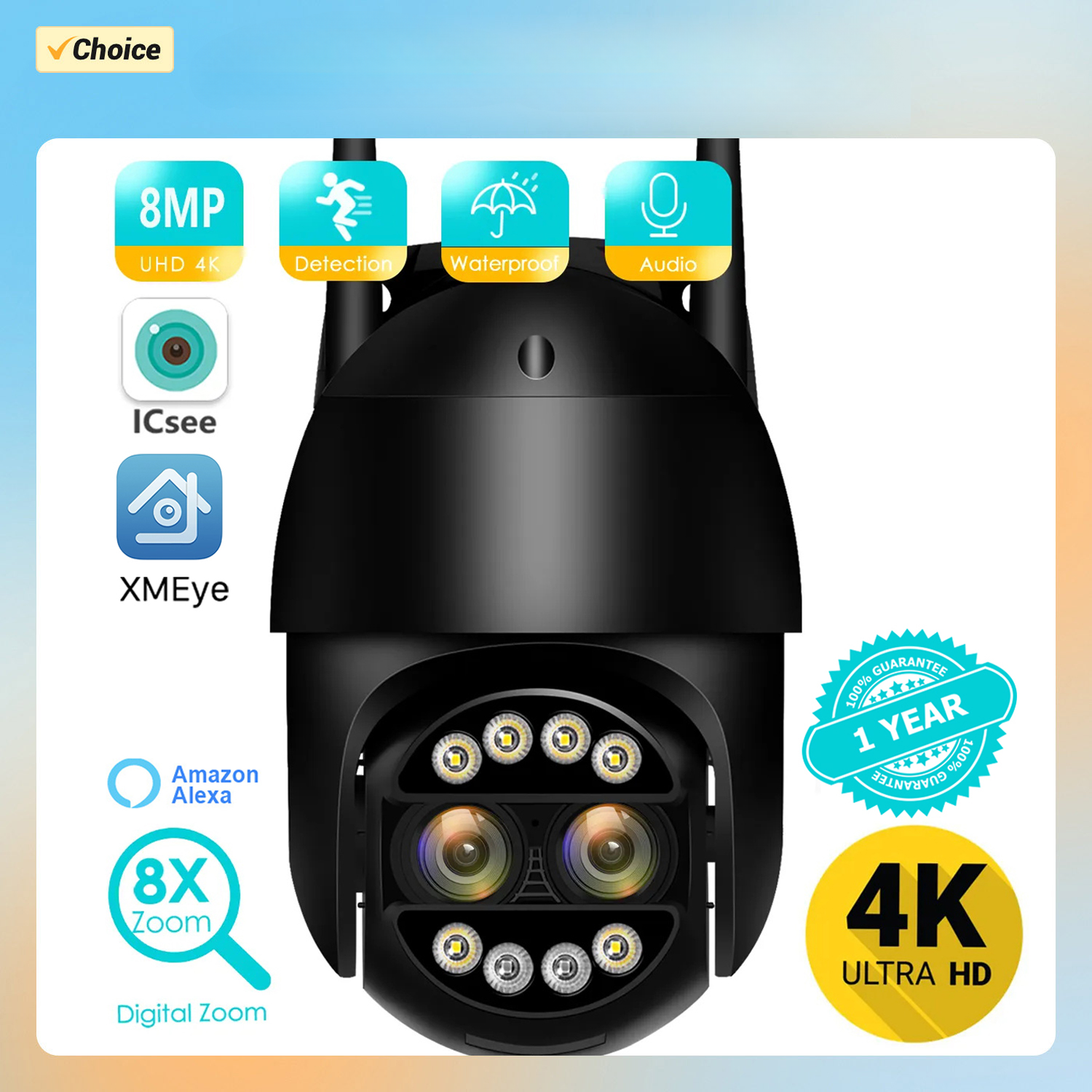 8MP 4K PTZ Camera 8x Zoom Dual-Lens Human Detect CCTV Camera 4MP Wifi ICSEE APP