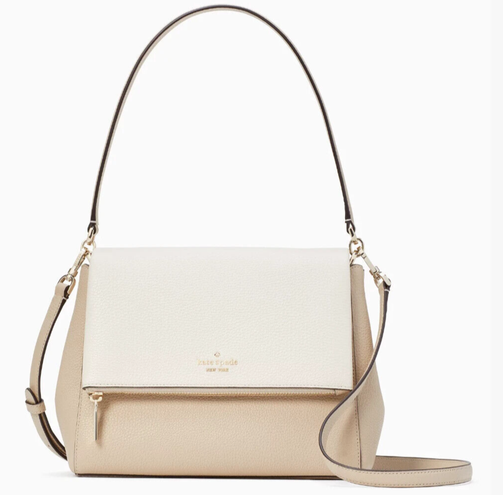 Kate Spade Leila Medium Flap Shoulder Bag Beige & White Leather