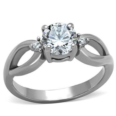Engagement Ring Stainless Steel 3- Stone Round Cut Prong Set CZ's Silver Tone