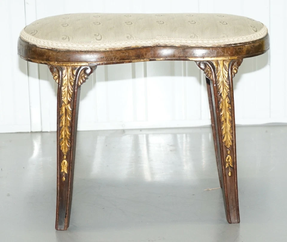 RARE REGENCY WALNUT GILTWOOD CURVED KIDNEY SADDLE STOOL ACANTHUS LEAF DETAILING - Image 3 of 4