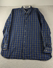 Paul Fredrick Button Down Shirt Men's 18 34-35 Blue Plaid Long Staple Cotton