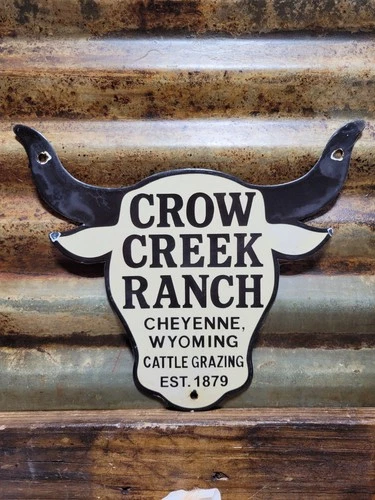 VINTAGE CROW CREEK RANCH PORCELAIN SIGN OLD CATTLE GRAZING COW STEER WYOMING